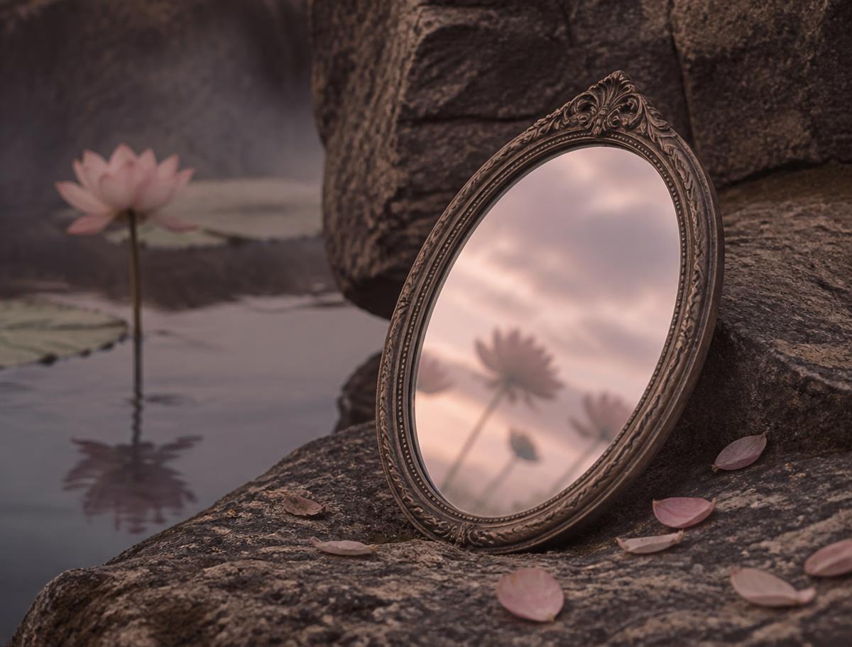 An antique mirror reflecting lotus flowers beside still water