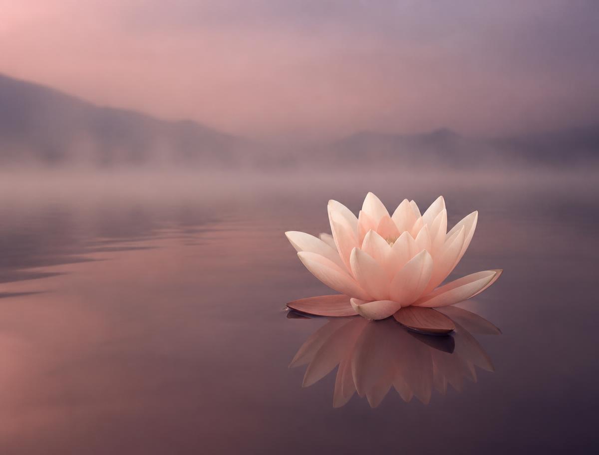 A pale lotus resting on still mauve water at dawn