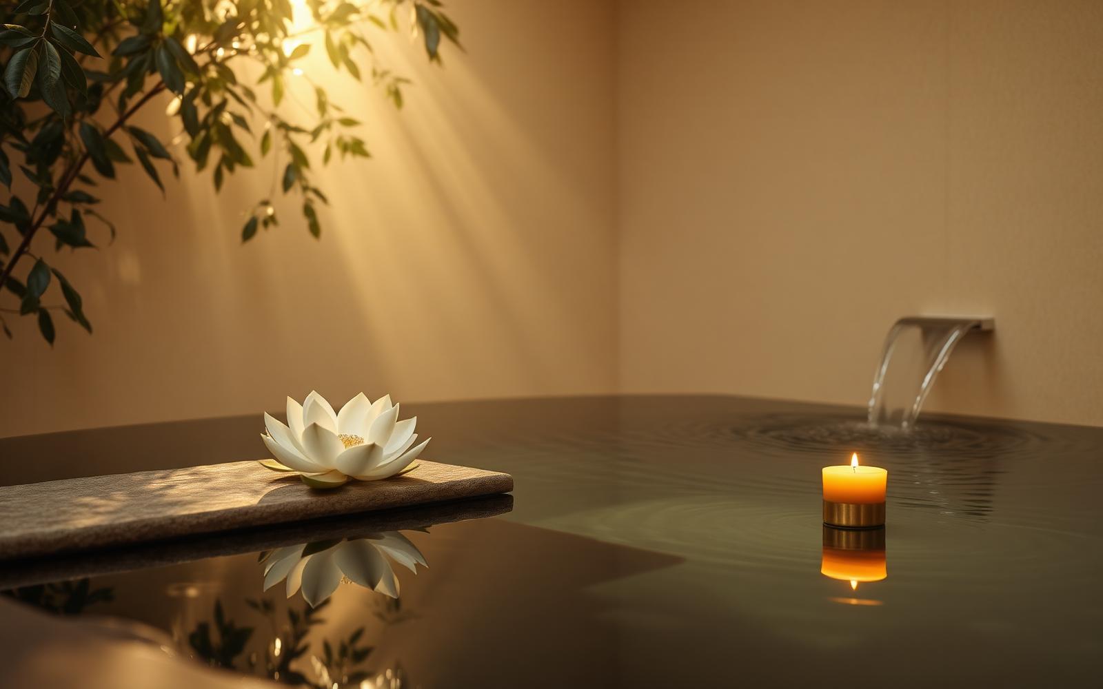A quiet sanctuary pool with lotus, candlelight, and sunlit leaves